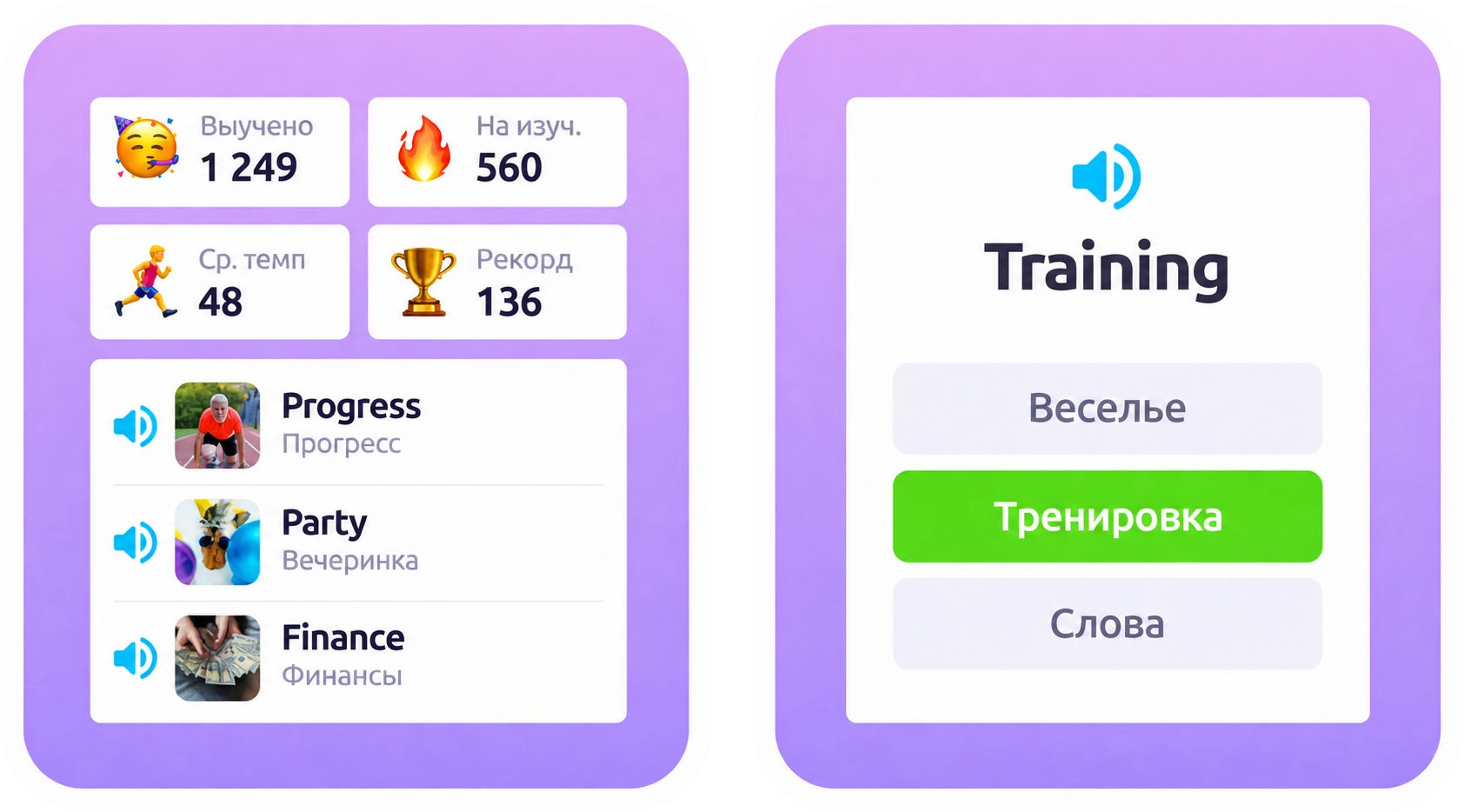 Тренажёр английских слов: статистика изучения и упражнение на перевод